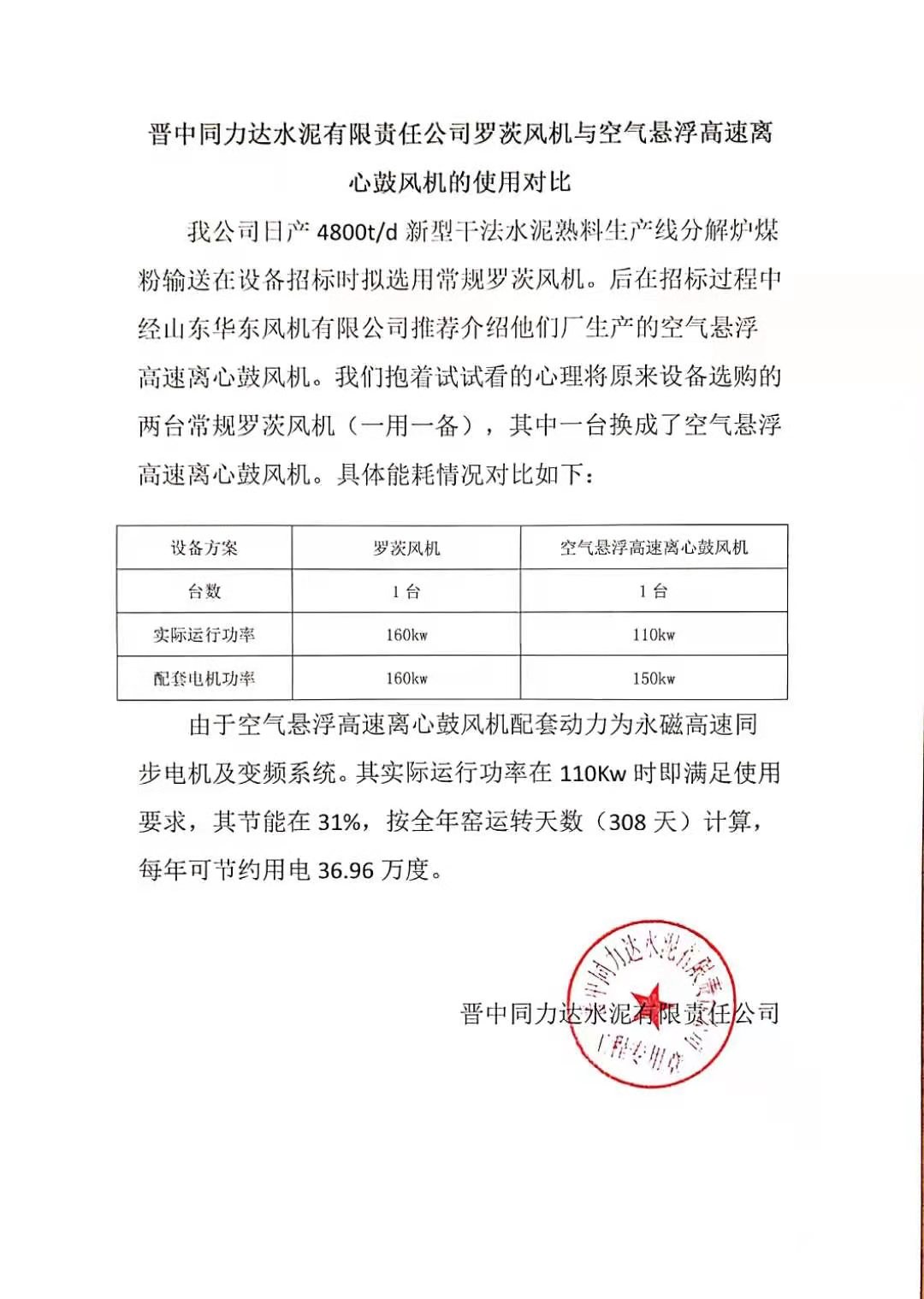 晉中同力達水泥有限公司感謝信